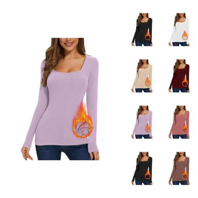 Womens Long Sleeve Shirts 2026 Fall Winter Basic Square Neck Slim Fit Breathable Undershirt T Shirt