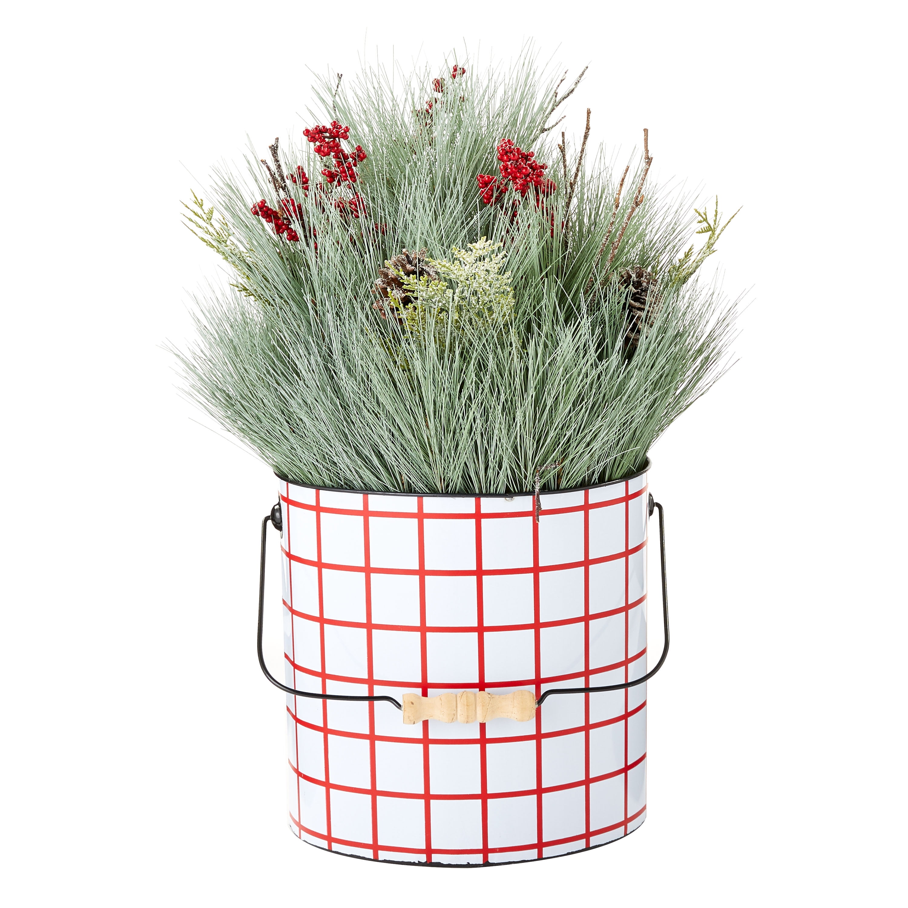 Holiday Time Red and White Plaid Bucket with Greenery Christmas Decoration, 22'