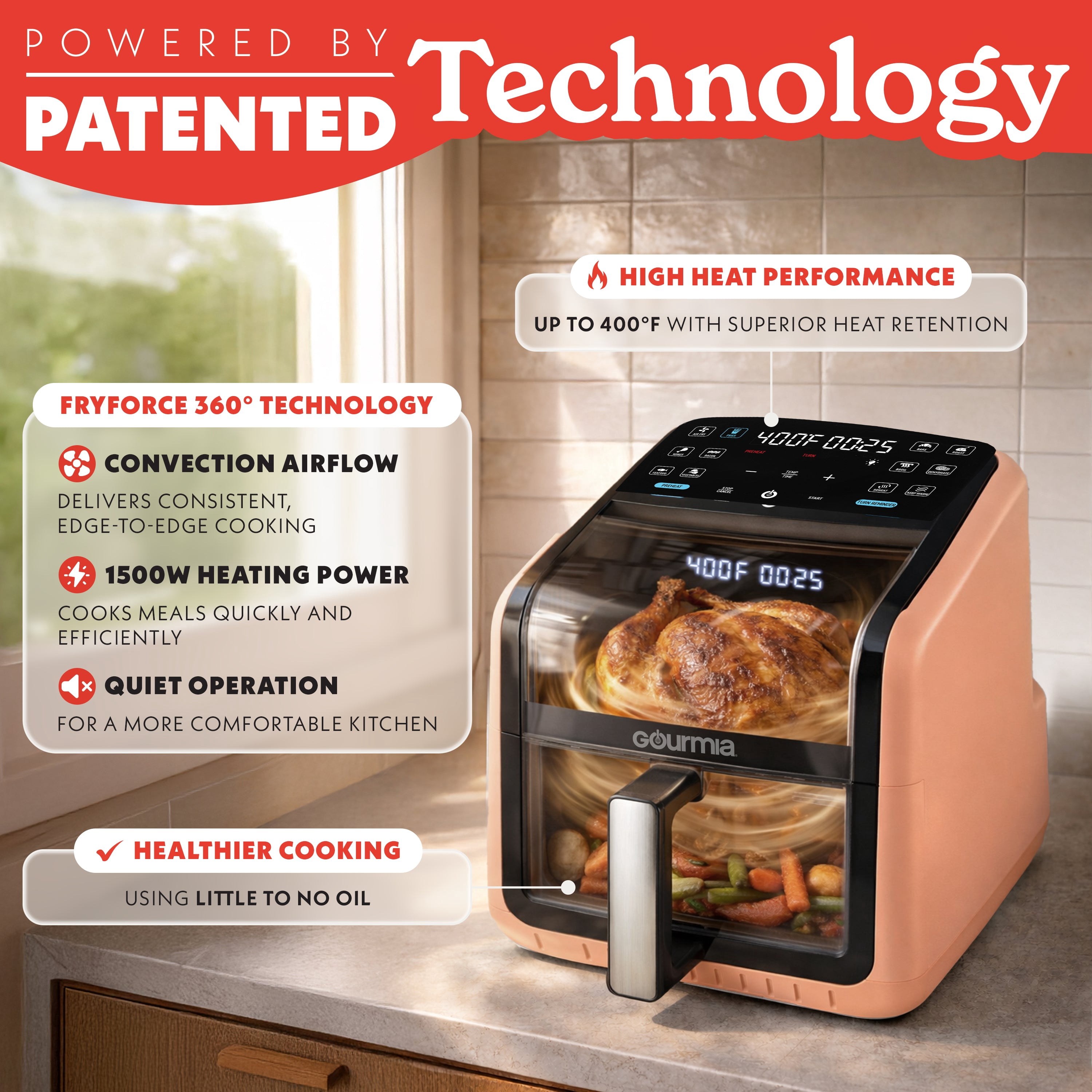Gourmia Panorama 7-QT Digital Air Fryer with Panoramic View, Holographic Display, & 12 Presets, Peach