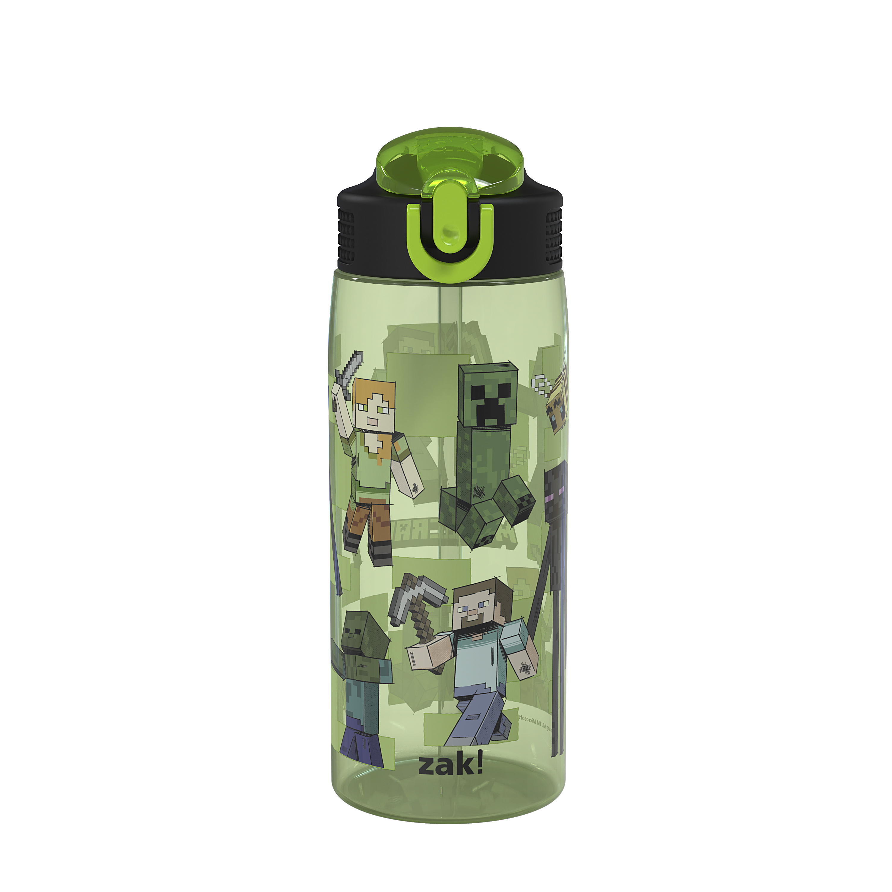 Zak Designs 25oz Minecraft Durable Plastic Park Water Bottle with Straw, Easy Open Locking Spout Cover for Travel, and Built In Carry Handle
