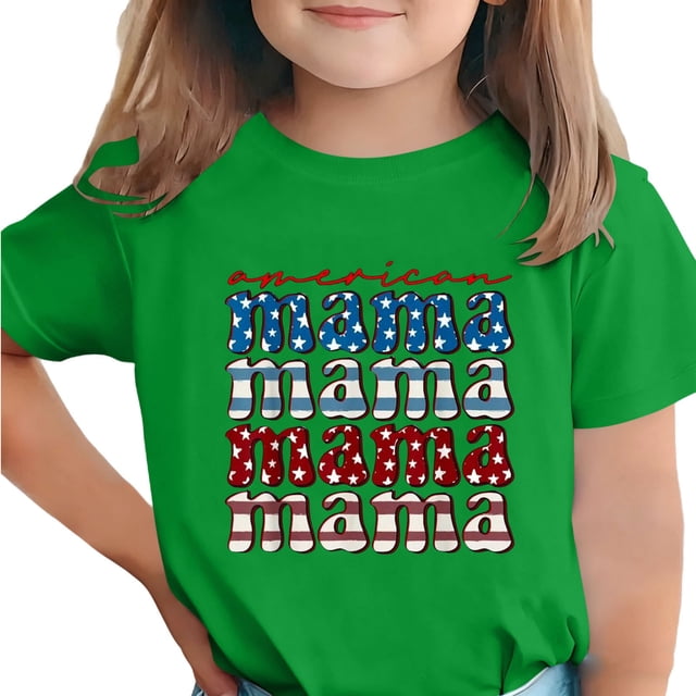 Zpanxa T-Shirts d'Été pour Filles Imprimé de la Fête de l'Indépendance Col Rond Manches Courtes Haut Polyester Spandex 9-10 Ans