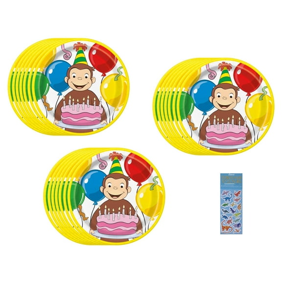 Curious George Birthday Party Supplies Bundle includes 24 Party Paper Plates 9" and 1 Dinosaur Sticker Sheet