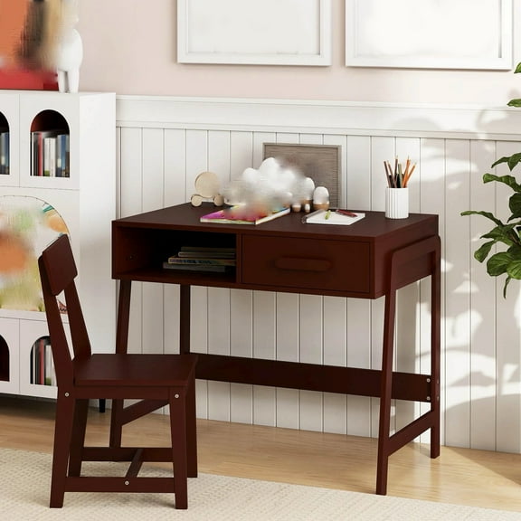 Auranook Kids Desk and Chair Set, Wooden Children Study Table Set with Storage Drawer, Student Writing Desk Set for Bedroom and Study Room