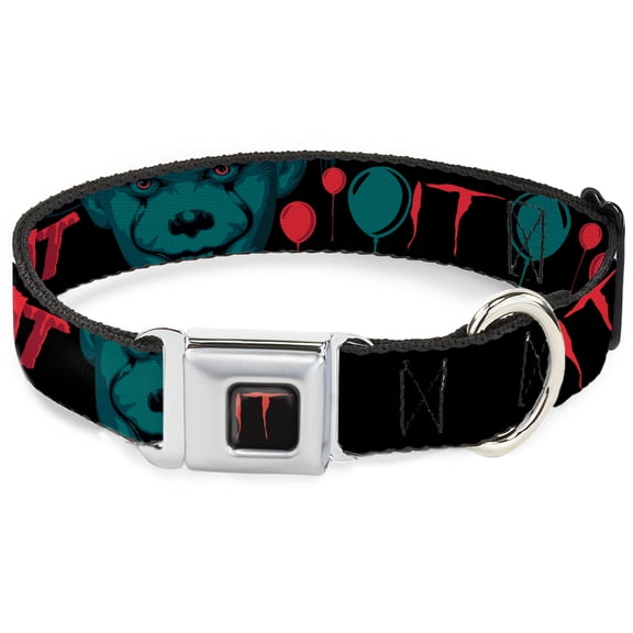 Warner Bros. Horror Movies Pet Collar, Dog Collar Metal Seatbelt Buckle, It Pennywise Face and Balloons Time To Float Black Blues Reds, 9.5 to 13 Inches 1.0 Inch Wide