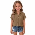 thumbnail image 2 of Girls Linen Shirts Short Sleeve Button Down Collared Dress Shirt for Teen Summer Plain Lightweight Breathable Lapel Tops,Light Brown,12-13 Years, 2 of 6
