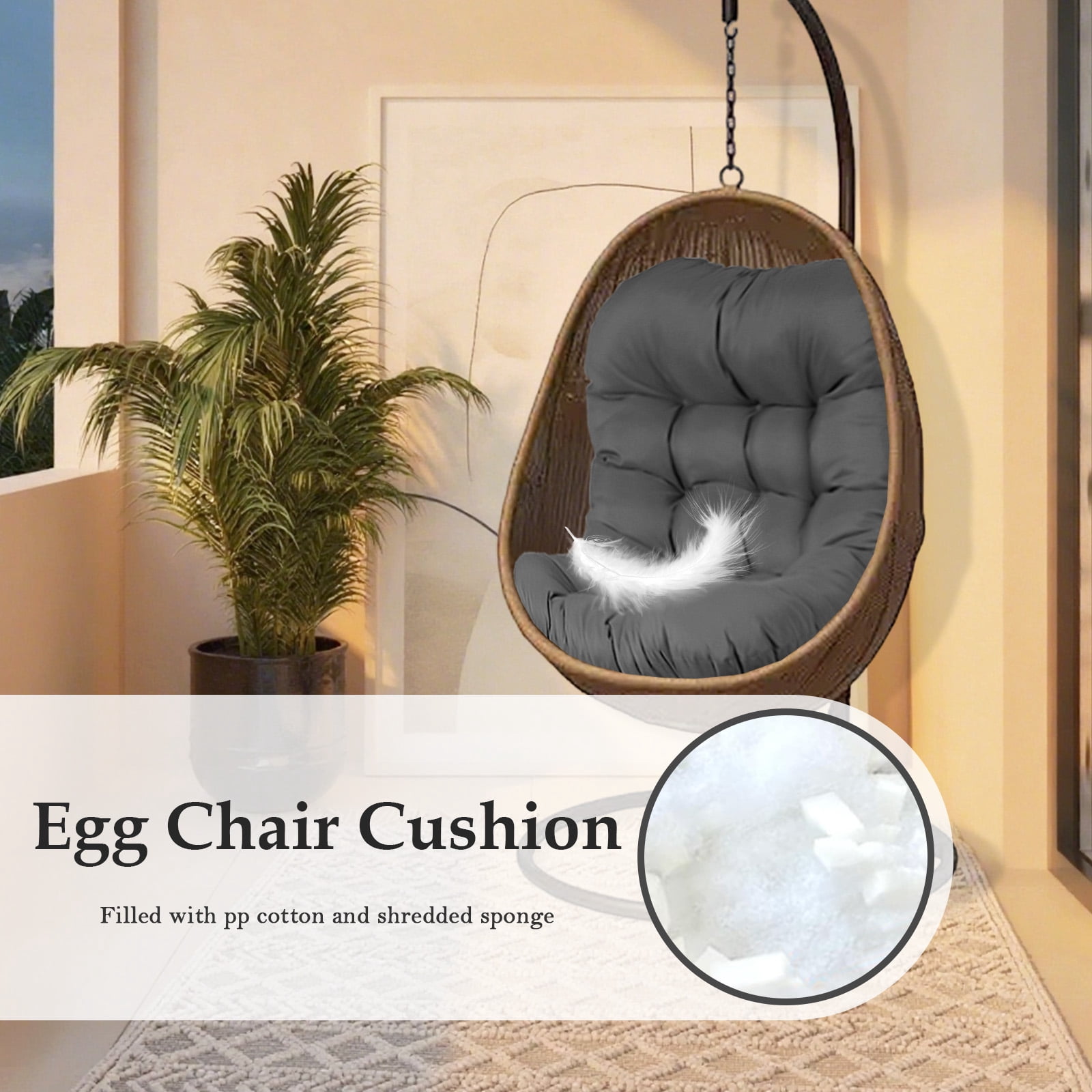 XXLYY Outdoor Egg Chair Cushion Replacement, 7.9”Thick Waterproof Hanging Chair Cushion with Ties for Patio & Porch
