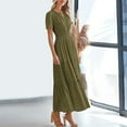 thumbnail image 2 of ZEHJUHAN Women's Solid Color V-Neck Short Sleeve Maxi Dress with Elastic Waist A-Line Ruffle Hem Summer Casual Dress Army Green，S, 2 of 6