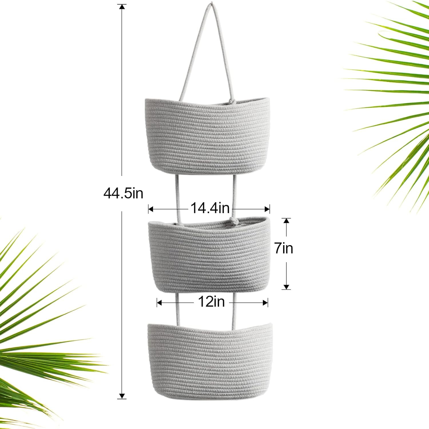 Over the Door Hanging Basket, 3-Tier Woven Cotton Wall-Mounted Storage Organizer Bag Decorative Hanging Nursery Baskets - Jute