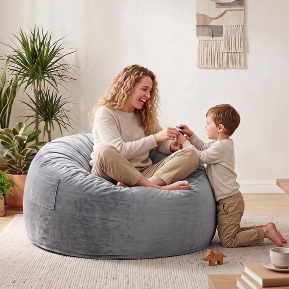 Skandiquip 3.5ft Bean Bag Sofa, Stuffed Memory Foam Bean Bag Chair for Adults, Light Gray