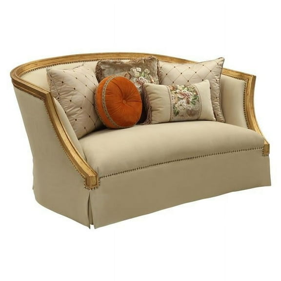 HomeRoots 348221 41 x 70 x 38 in. Fabric Antique Gold Upholstery Wood Leg & Trim Loveseat with 5 Pillows