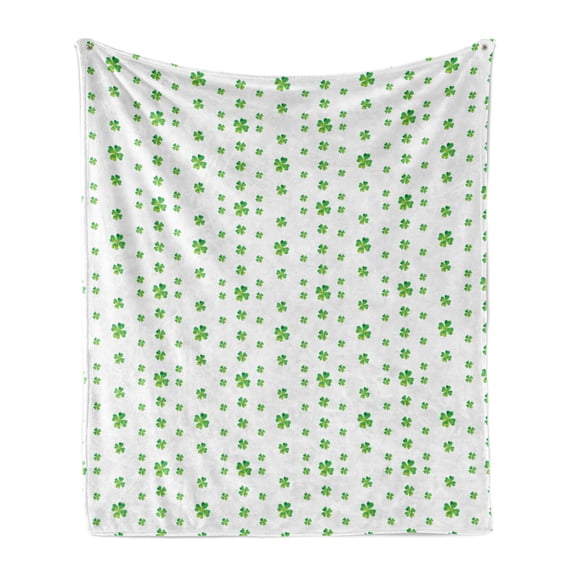 Shamrock Soft Flannel Fleece Throw Blanket, Saint Patrick Day Theme with Clover Leaf Royal Irish Tradition Classic Pattern, Cozy Plush for Indoor and Outdoor Use, 50" x 60", Green White, by Ambesonne
