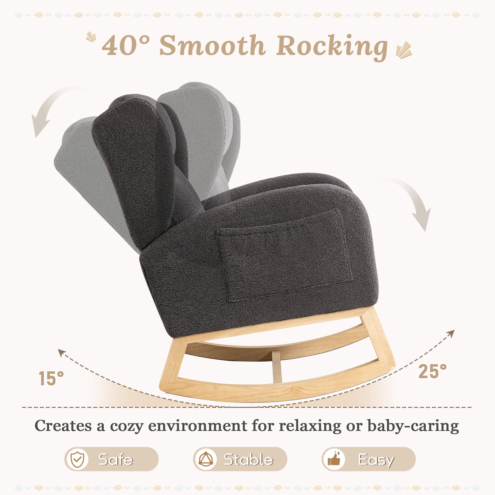 Muumblus Nursery Rocking Chair, Wingback Glider Rocker, Indoor Uphlostered Rocking Chair, Gray Teddy