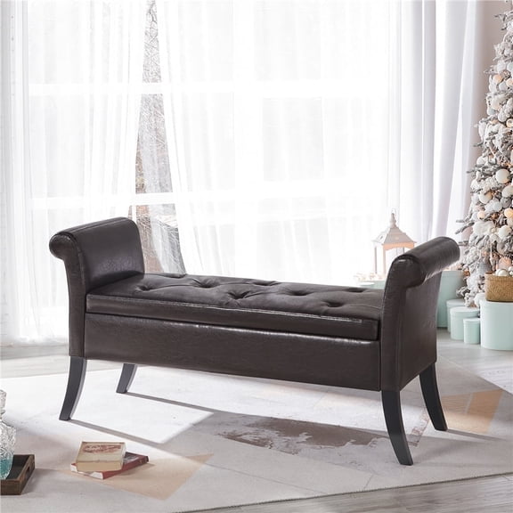 Yaheetech Multifunctional Faux Leather Storage Bench with Rolled Armrests, Dark Brown
