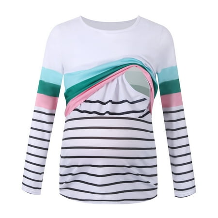 

asdoklhq Maternity Clothes for Women Clearance Summer Pregnant Women Tops Breastfeeding Long Sleeve Striped Maternity Clothes