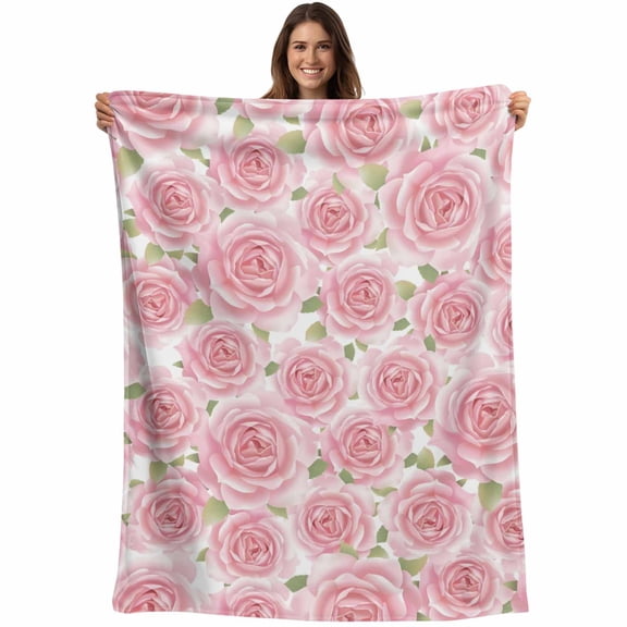 Flannel Fleece Throw Blanket Farmhouse Pastoral Flower Leaf Lightweight Soft Plush Blankets,Seamless Pink Rose Floral Cozy Warm Throw Blanket for Couch Sofa Bed Car Office 40x50in