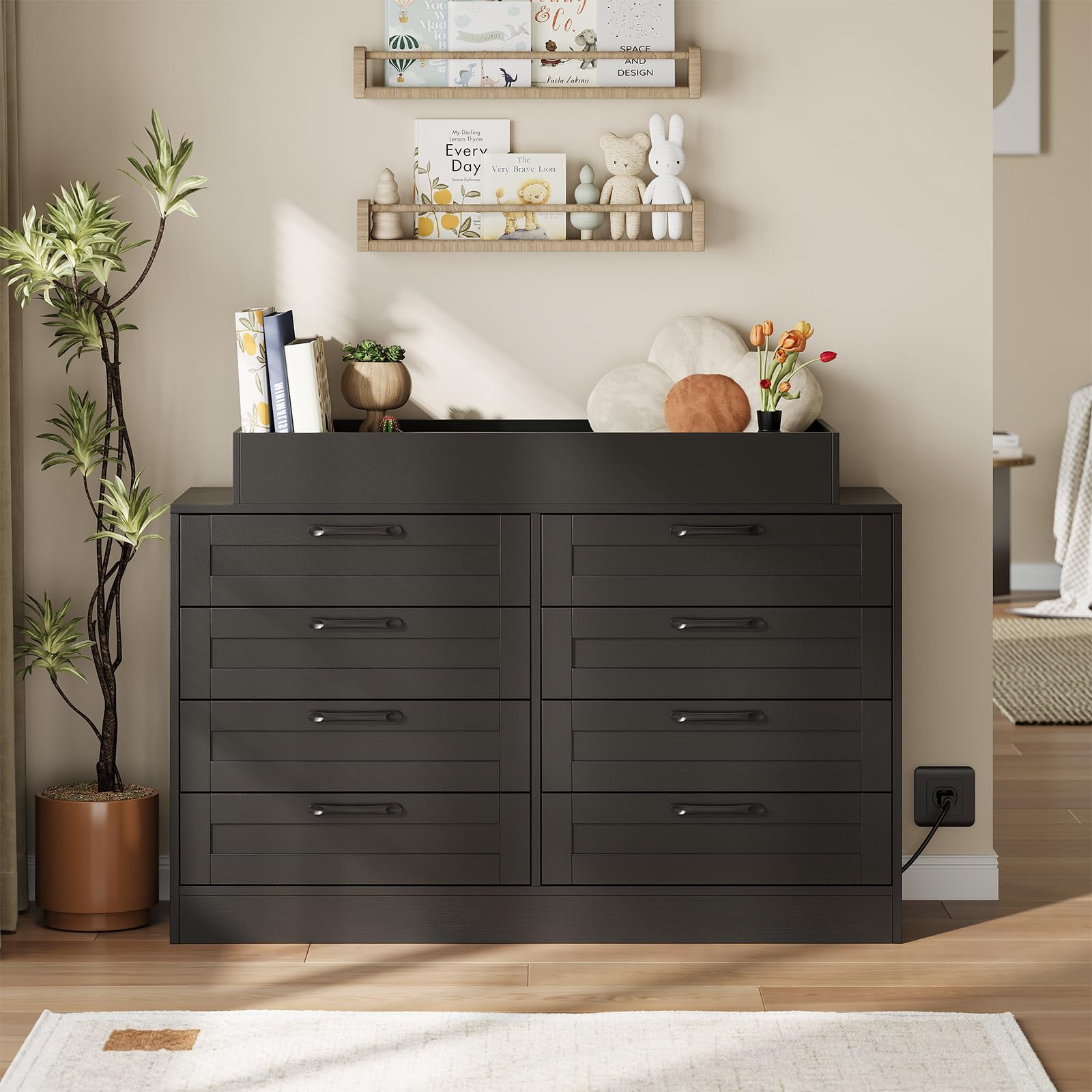 Danolapsi Baby Changing Dresser with 8 Drawers,Wooden Nursery Dresser with Safety Rail & Open Shelf, Changing Table Station Space-Saving Organizer