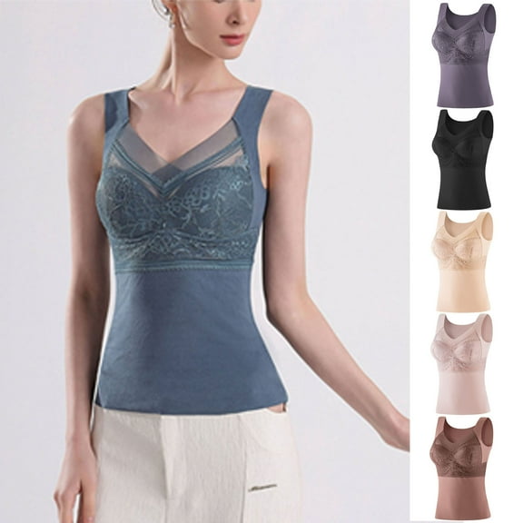 Fnooota Womens Tank Tops, V Neck Warm Seamless Thermal Tops with Built Beige Size L
