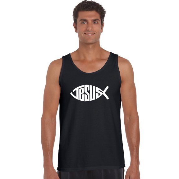 LA Pop Art Men's Word Art Tank Top - Christian Jesus Name Fish Symbol