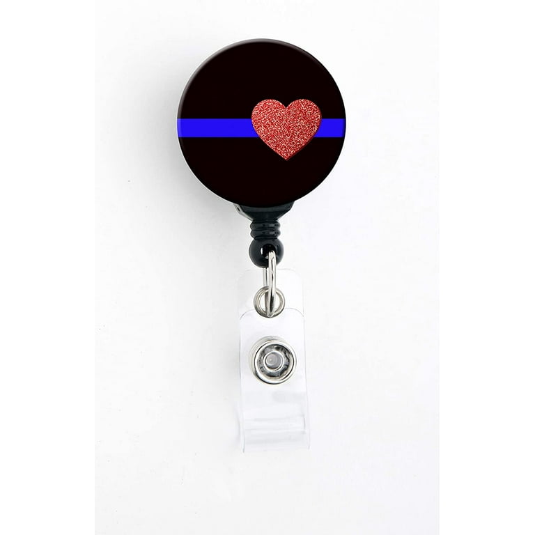 Badge Reel - Thin Blue Line with Glitter Heart - Alligator Clip and Extra-Long 34 inch Cord - Badge Holder