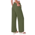 thumbnail image 5 of Summer Linen Pants for Women Loose Straight Leg Side Split Trousers with Pockets Lightweight Comfy Casual Wide Leg Pants ,Green-a，XL, 5 of 9