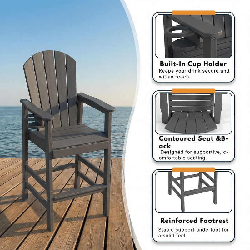 All-Weather Bar Height Adirondack Chair, Outdoor Patio Bar Stool with Armrests & Cup Holder, UV/Weather Resistant, Ergonomic High-Back Design for Deck Backyard Poolside 1PC