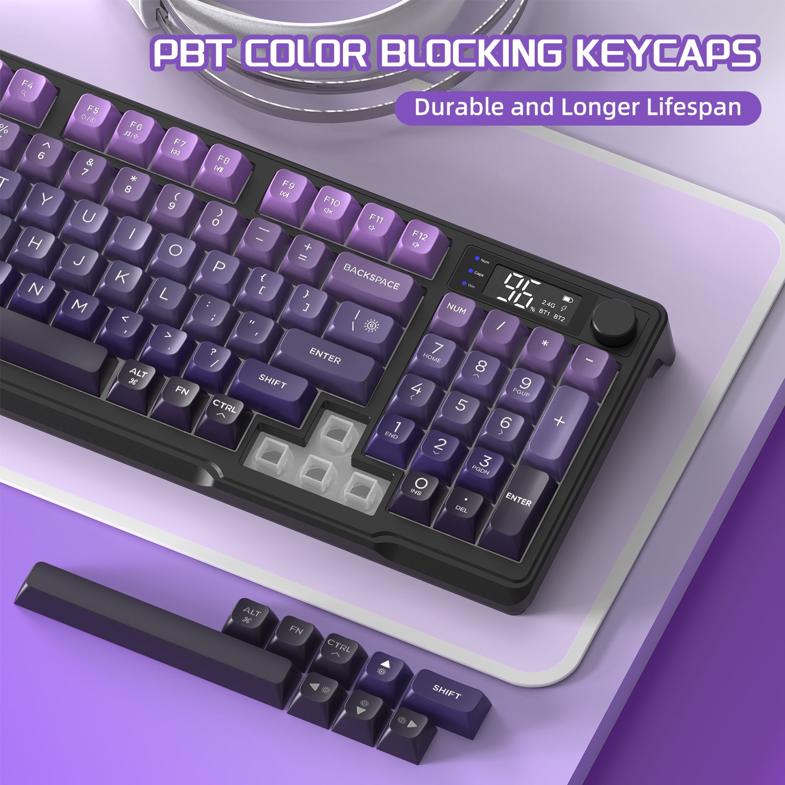 FREEWOLF M96 Wireless Gaming Keyboard Creamy Membrane with Rainbow Backlight,Media Knob,LCD Screen,Dual Mode-Bluetooth/2.4Ghz,Ball Shape PBT Keycap 94 Key...
