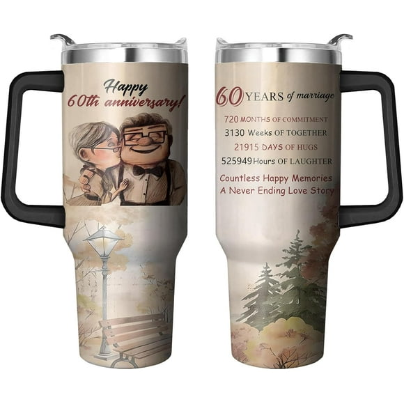 60th Wedding Anniversary Tumbler with Handle and Straw, 40 Oz Ruby Wedding Cups Stainless Steel 60th Wedding Gifts Anniversary, Valentine Mug 60th Gifts Anniversary for Couple, Parents, Friends