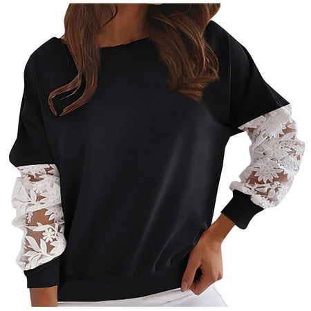 JSGEK Women's Round Neck Pullover Long Sleeve Casual Fashion Sweatershirts Lace Splicing