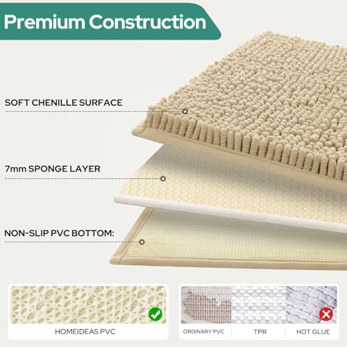 3 Pieces Beige Bathroom Rugs Set, Ultra Soft Non Slip Bath Rug and Absorbent Chenille Bath Mat, Includes U-Shaped Contour Rug, Bath Mat and Toilet Lid Cover, Perfect for Bathroom, Tub