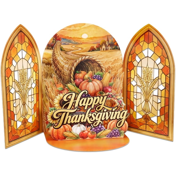 WaaHome 3D Thanksgiving Tri-Fold Pop-Up Card (8"x6"), Stained Glass Cornucopia Design, Includes Sparkling Envelope