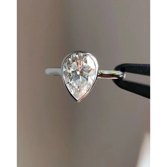 14K White Gold Plated 2CT Pear-Cut Lab Created Diamond Bezel Engagement Ring