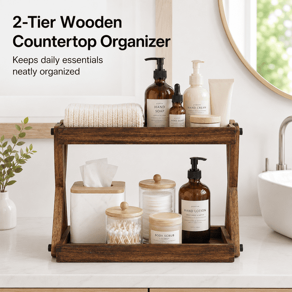 MORAVE 2 Tier Wooden Countertop Shelf, Multi-use Organizer for Coffee Bar, Spices & Condiments, Fits Kitchen, Office and Bathroom
