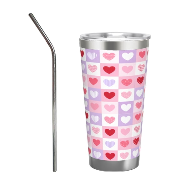 20oz Heart Pattern Tumbler Insulated Car Cup Pink Valentine Travel Coffee Cup Gift with Stainless Steel Straw