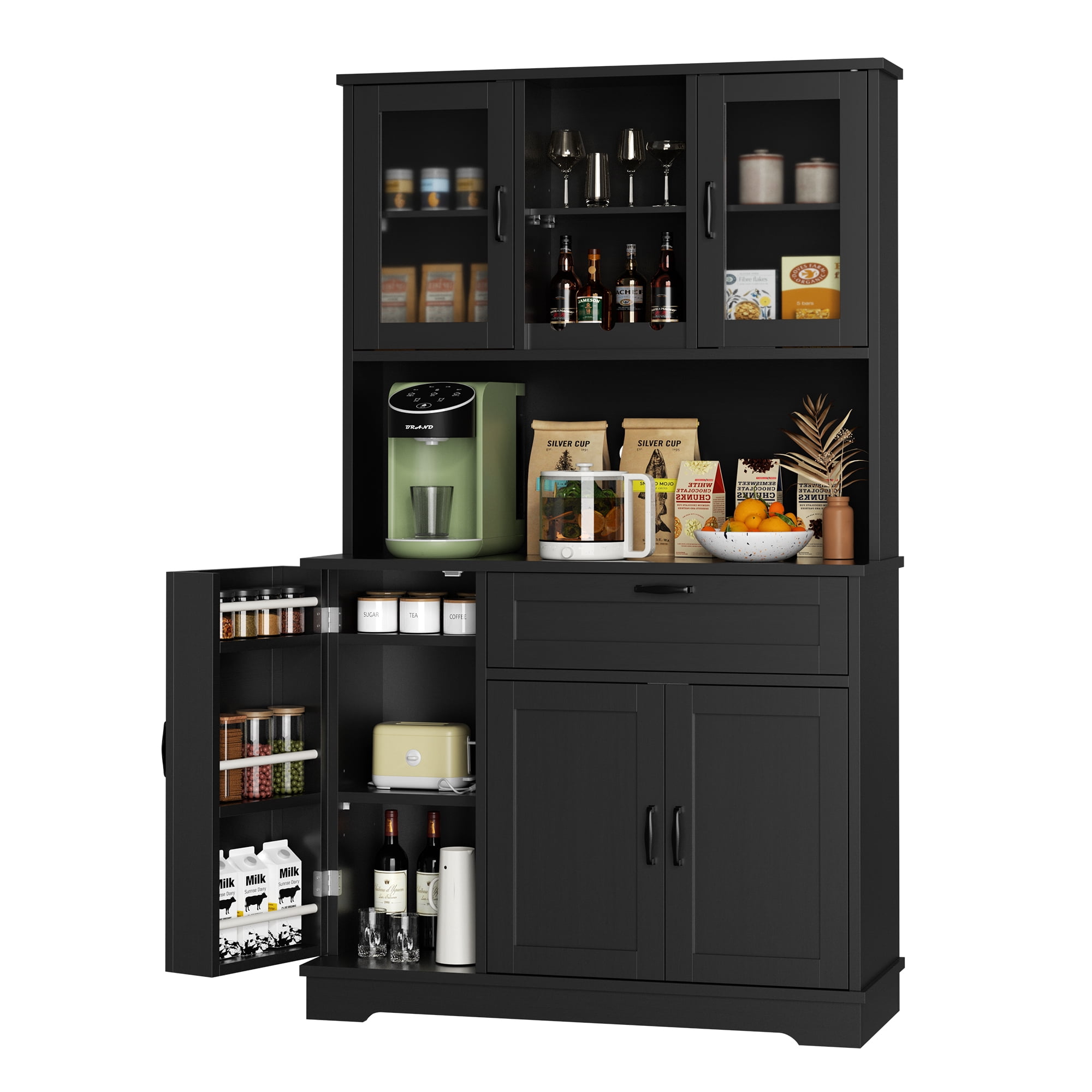 Walsunny Pantry Cabinet with Microwave Shelf Doors Drawer for Kitchen Storage 68" Tall Kitchen Food Cabinet Pantry Organizer Shelves Coffee Bar Cabinet with Hutch Black