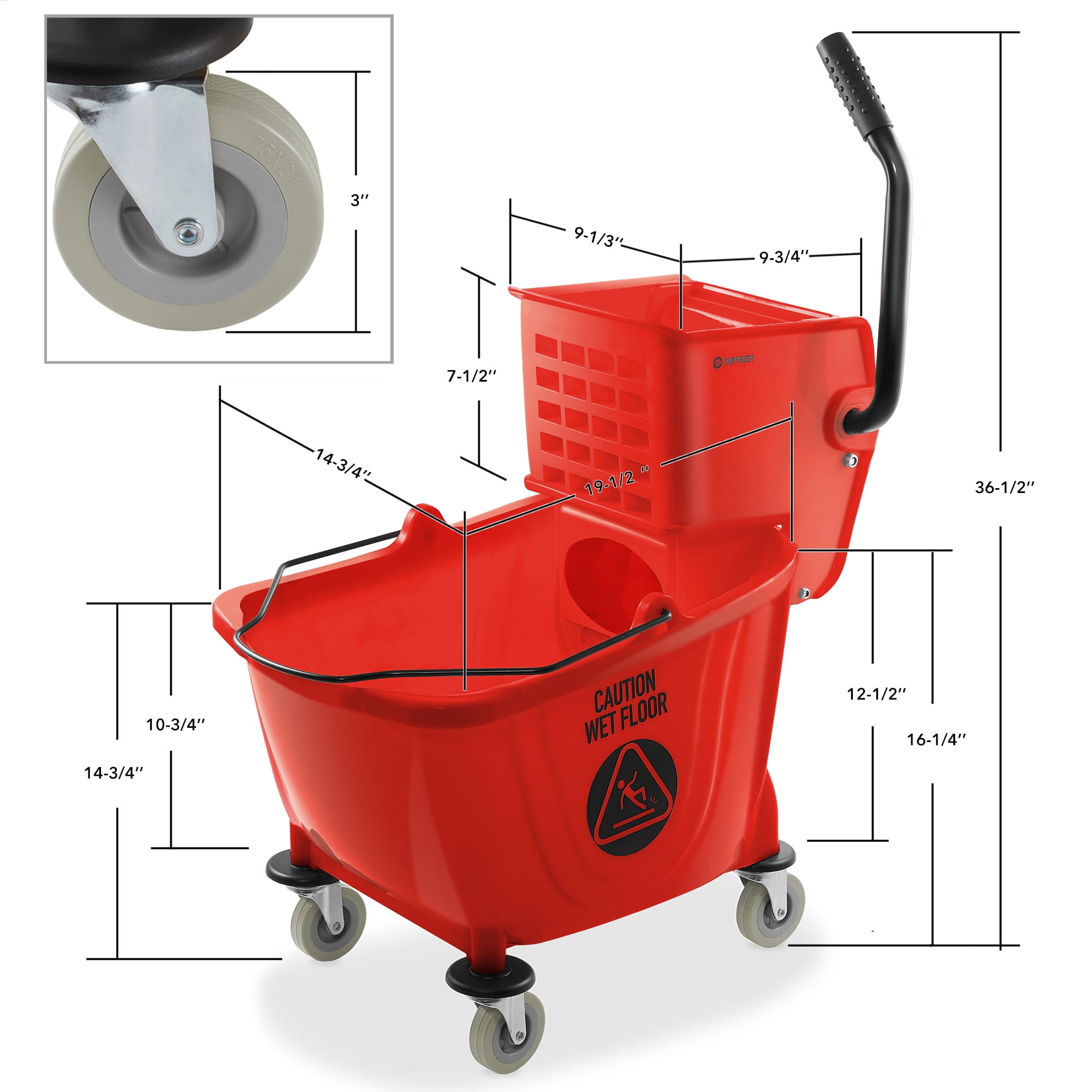 Dryser Commercial Mop Bucket with Side Press Wringer, 33 Quart, Red
