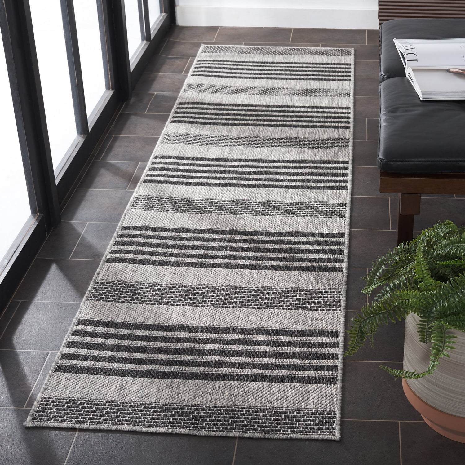 SAFAVIEH Beach House Jenelle Striped Indoor/Outdoor Runner Rug, Gray/Charcoal, 2'2" x 8'