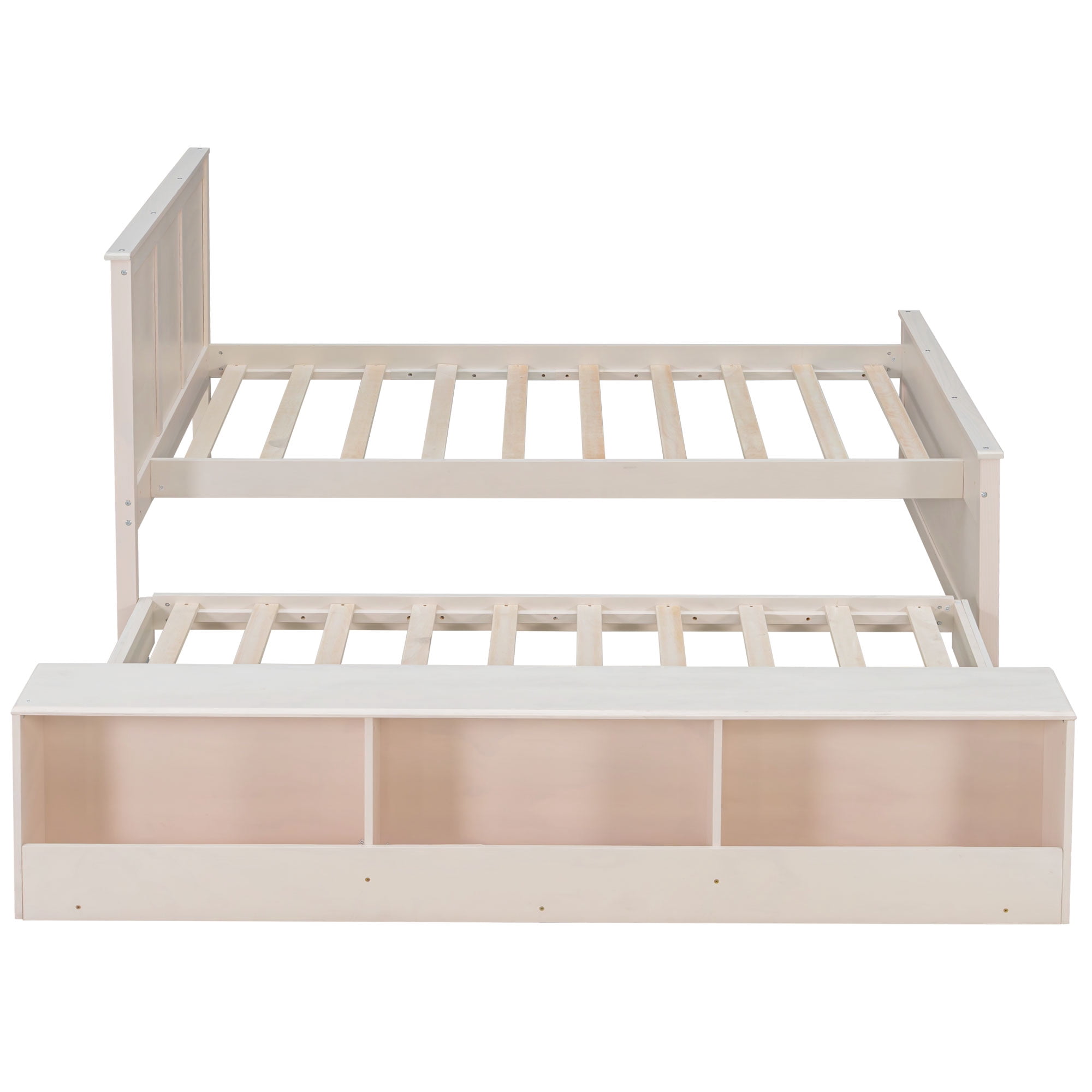 Alvantor Twin Bed Frames with Pull Out Trundle, Headboard and Storage Shelves, Cream White