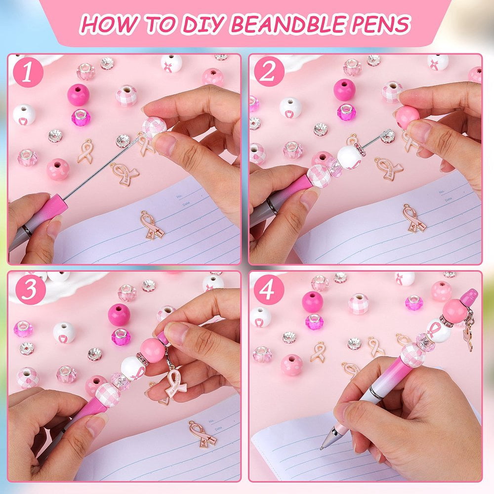 DIY Breast Cancer Awareness Theme Beadable Pen Making Kit Including Alloy Enamel Ribbon Pendant Wood & Glass European Beads ABS Plastic Ball-Point Pen Pink 162pcs/box