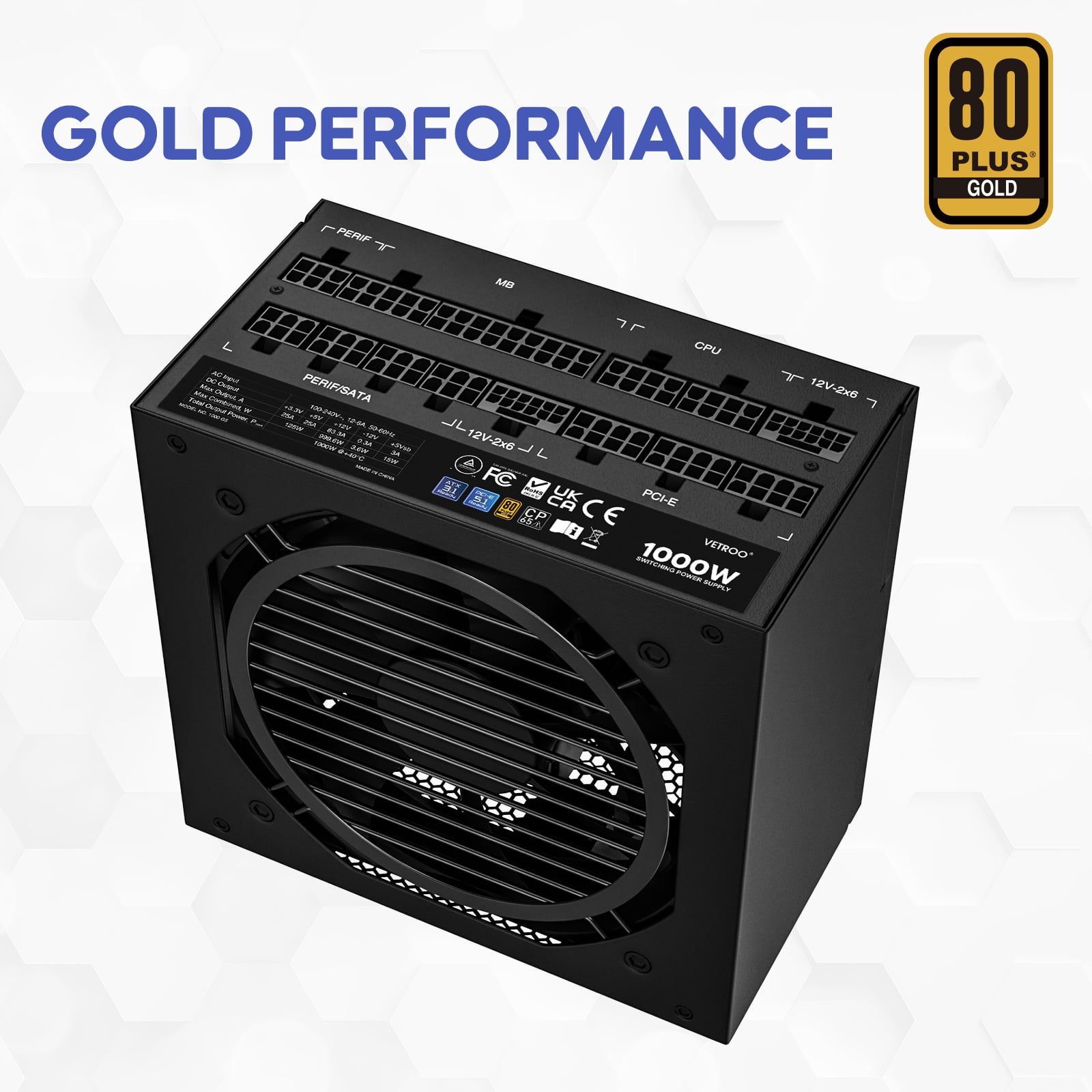 Vetroo 1000W ATX Computer Power Supply with Dual PCIe 5.1, 80 Plus Gold, Full Modular
