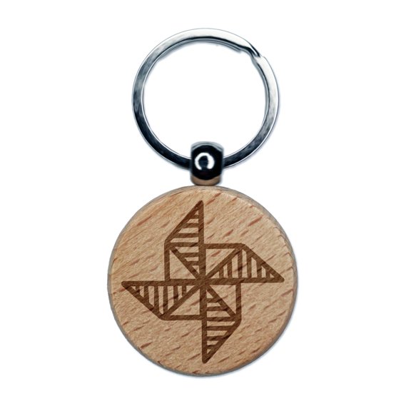 Pinwheel Fan Round Keychain Charm Tag - Engraved Wood