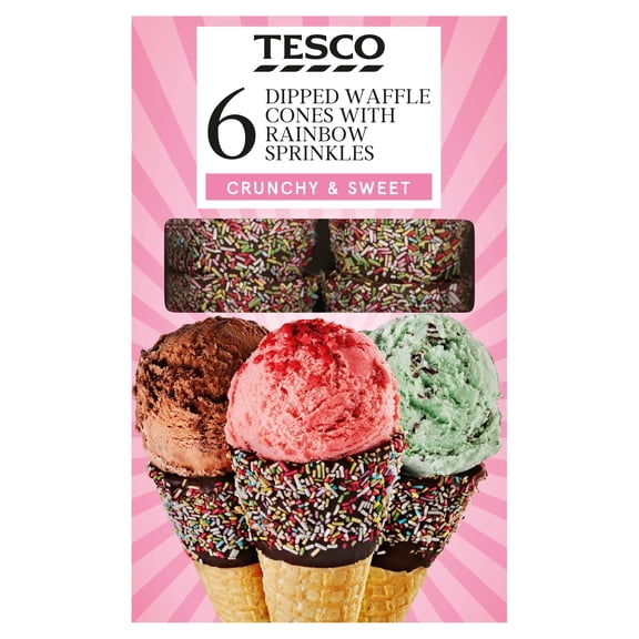 Tesco 6 Dipped Waffle Cones With Sprinkles 150g, Imported from Britain
