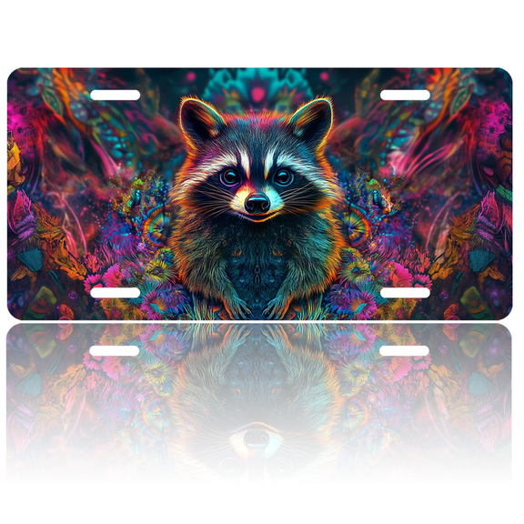 1 Pcs License Plate Covers & Frames, Colorful Raccoon For Decorative Front, Waterproof For Decoration Aluminum License Plate Covers & Frames Cover For Men Women, 12" X 6"