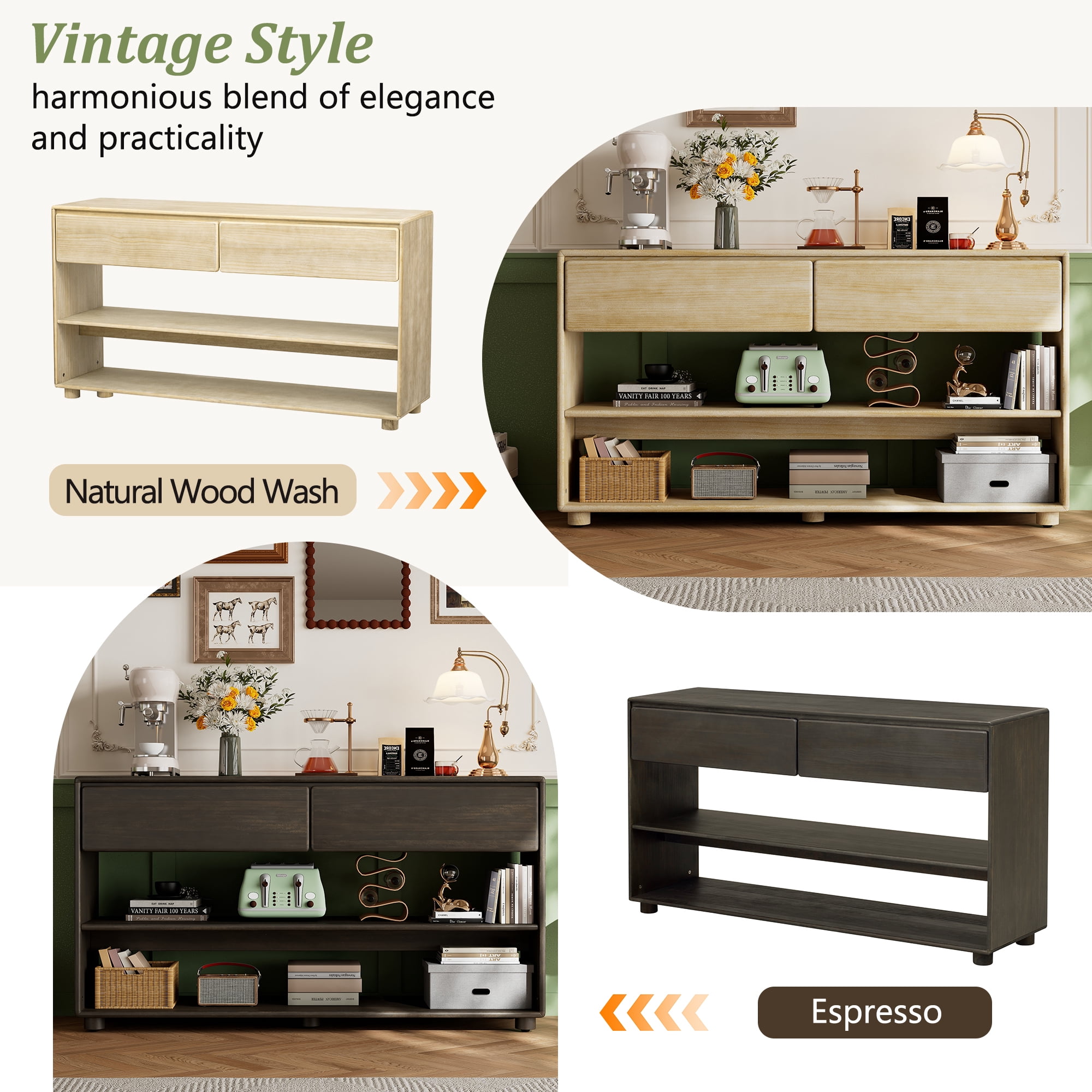 EUROCO 58.3" Long Console Table,Vintage Wood Entryway Table with 2 Drawers and Open Storage Shelves,3-Tier Sofa Table for Entryway,Hallway, Living Room,Espresso