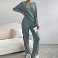 thumbnail image 6 of UQJfacai Womens 2 Piece Ribbed Knit Lounge Set V-Neck Long Sleeve Pullover Sweater Top Wide Leg Pant Fall Winter Pajamas Outfits, 6 of 9