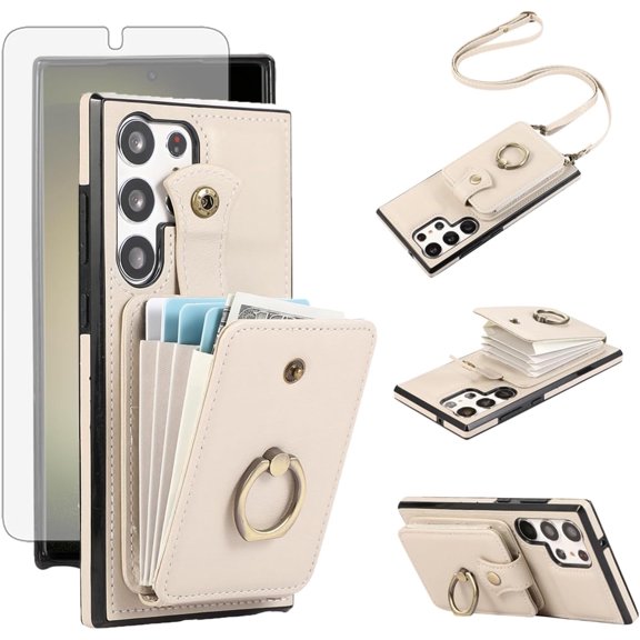 Phone Case for Samsung Galaxy S23 Ultra 5G Wallet Cell Cover with Screen Protector and Crossbody Strap Ring Stand RFID Credit Card Holder S23Ultra 23S S 23 23Ultra 6.8 inch Women Girls Beige