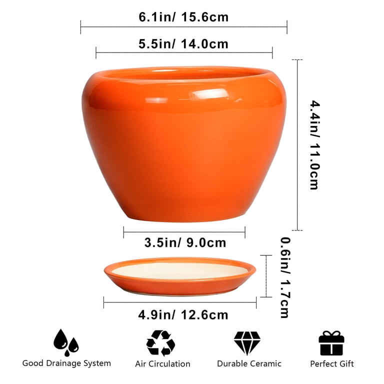 Ordivic 6-Inch Orange Ceramic Planter with Saucer photo 3
