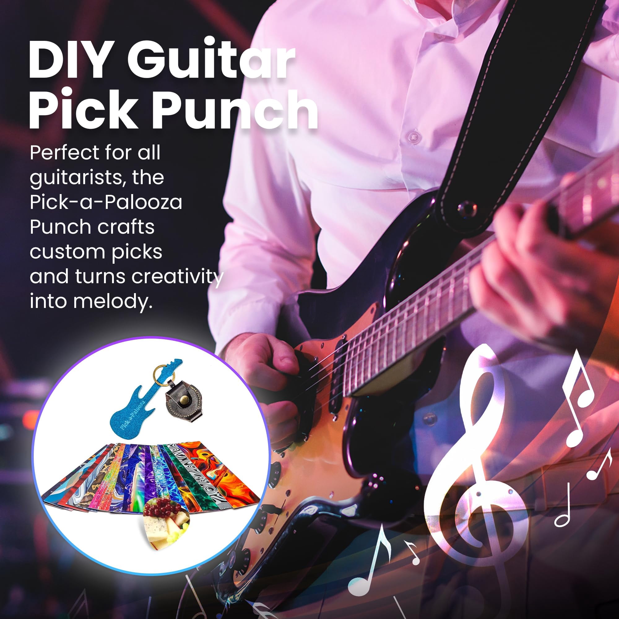 Pick-a-Palooza DIY Guitar Picks Punch Mega Pack - Custom Pick Maker for Musicians - Features Leather Key Chain Holder, Pick Strips with Artwork & File - Unique Gifts for Men & Women - Blue Punch