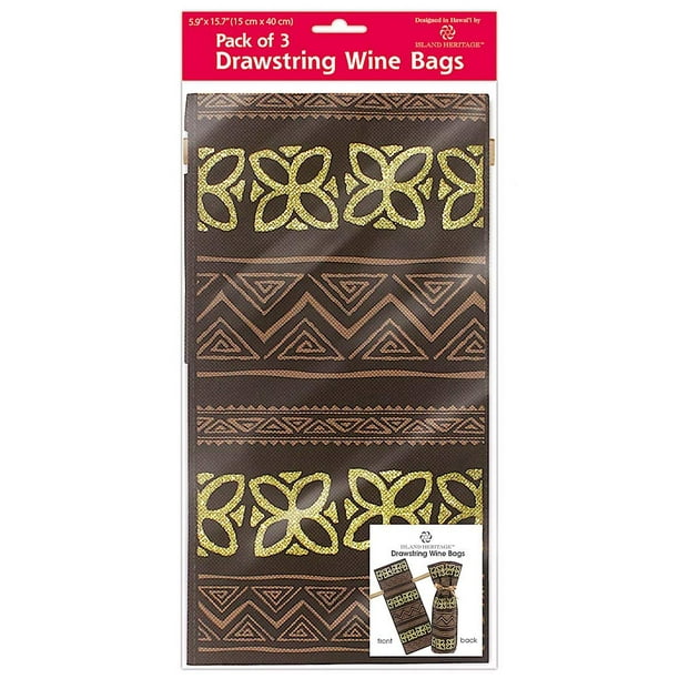 Island Heritage Hawaiian Drawstring Wine Gift Bags 3 Pack Tapa Brown