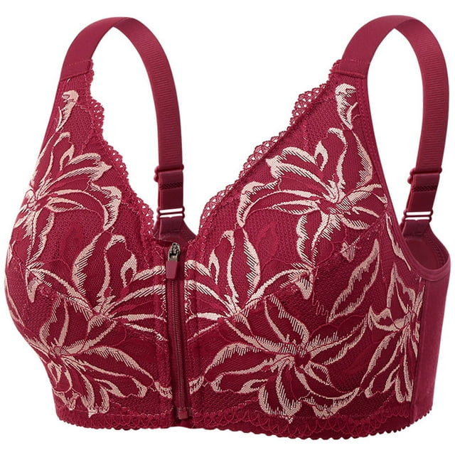 VSSSJ Soutien-Gorge pour Femmes Sans Armature Fermeture Éclair devant Soutiens-Gorge Rehausseur Sans Fil Coton Couvrance Totale Rouge G