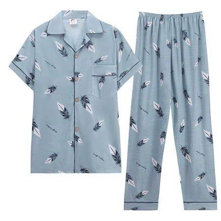 

PIKADINGNIS Cotton Mens Pajamas Set Summer Autumn Elastic Waist Men Sleepwear Short Sleeve Nightwear Print Long Pant Home Mens Pyjamas
